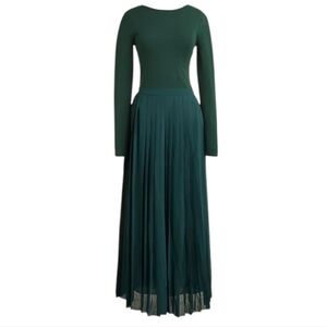 J. Crew Elegant Pleated Ballet Green Stretch Cotton Long Sleeve Maxi Dress M